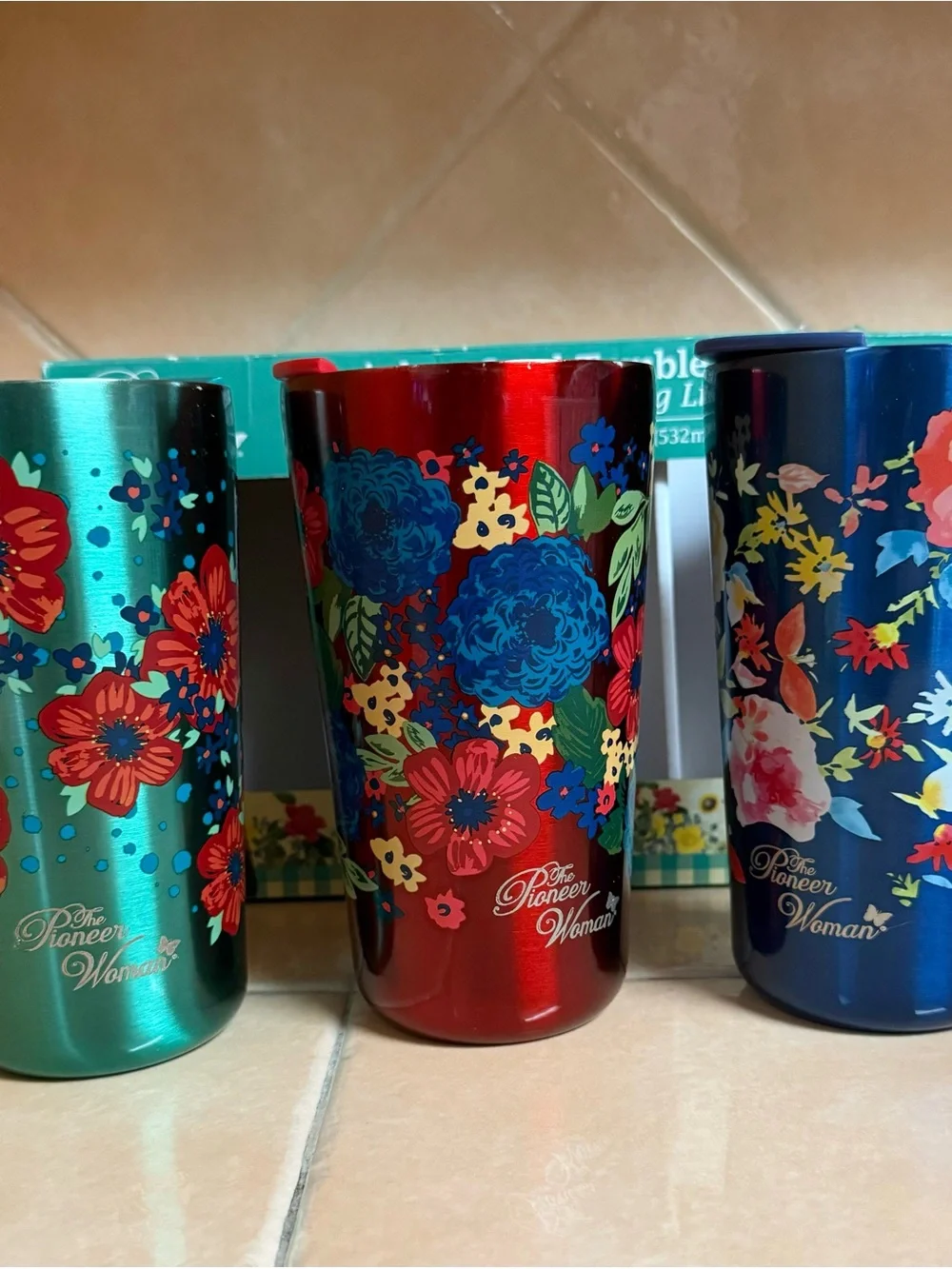 NIB The Pioneer Woman Turquoise & Navy Floral Stainless Steel Tumbler 3-Pack